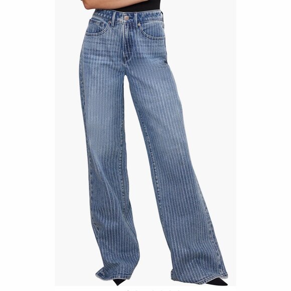 Good American Denim - Good American Blue Pinstripe Wide-Leg Jeans